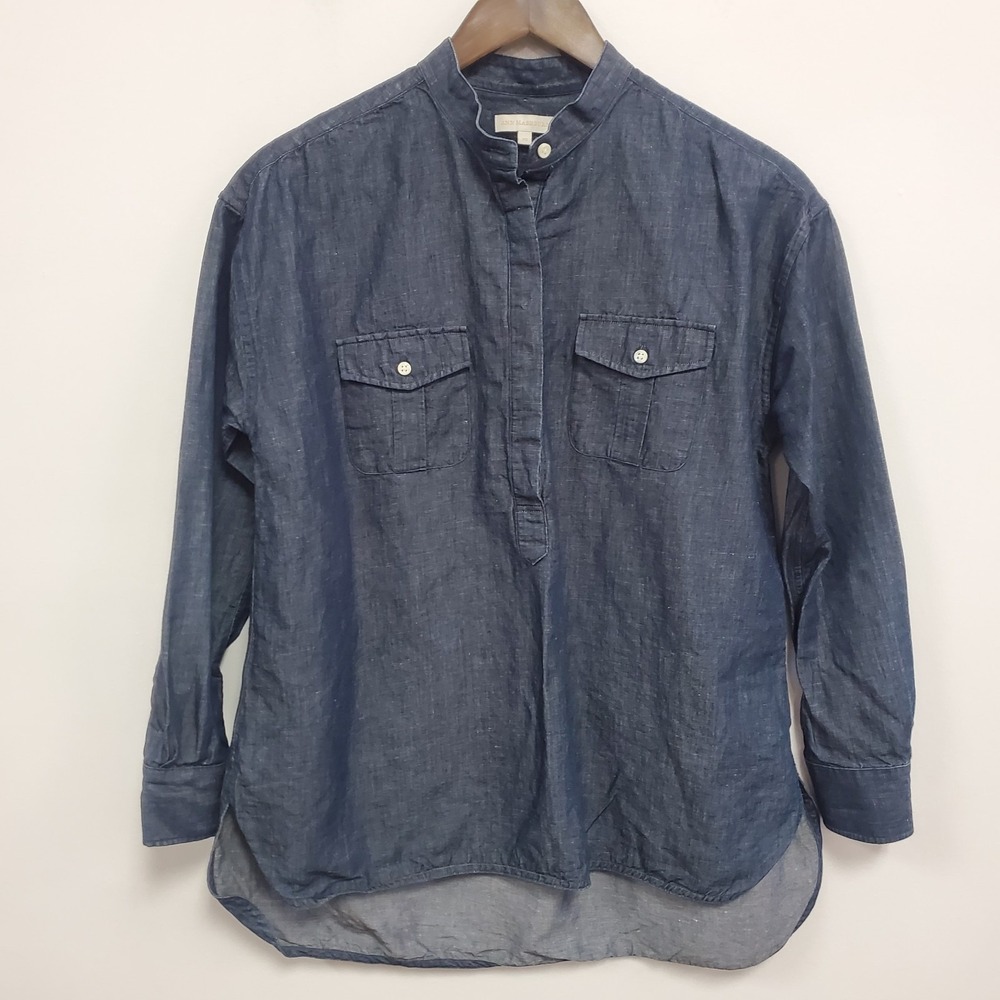 Ann Mashburn Womens Chambray Cotton Linen Popover Top Size XS Blue Office Career